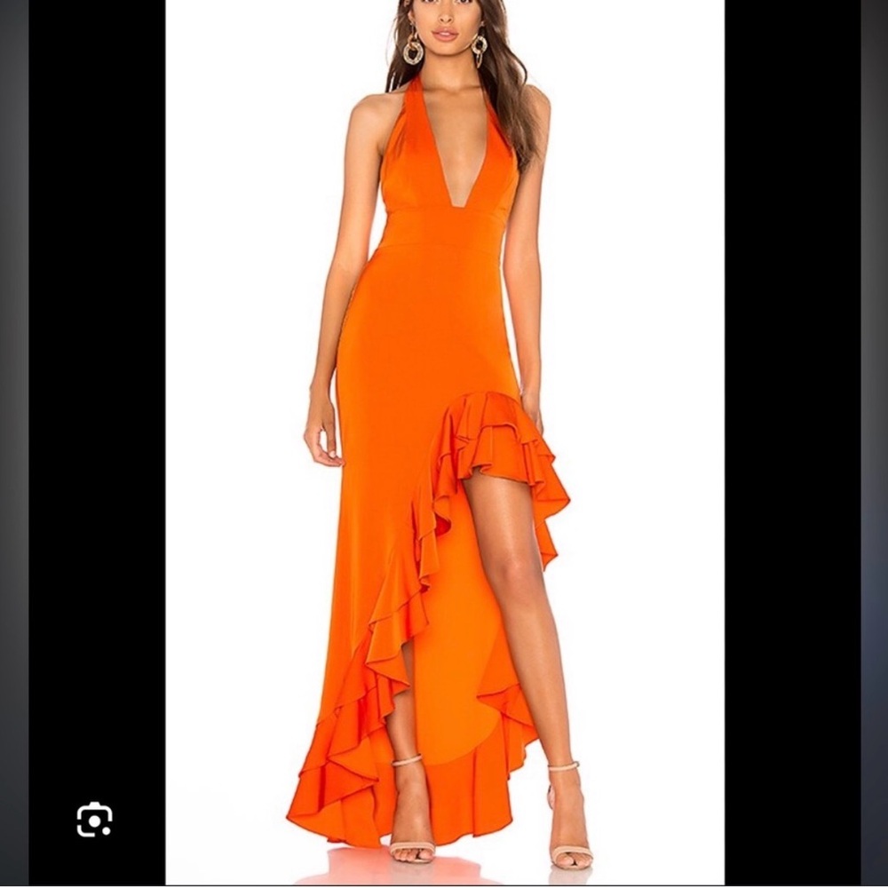 Lovers + Friends Lama Sunset Orange Satin Asymmetrical Ruffle Hem Dress